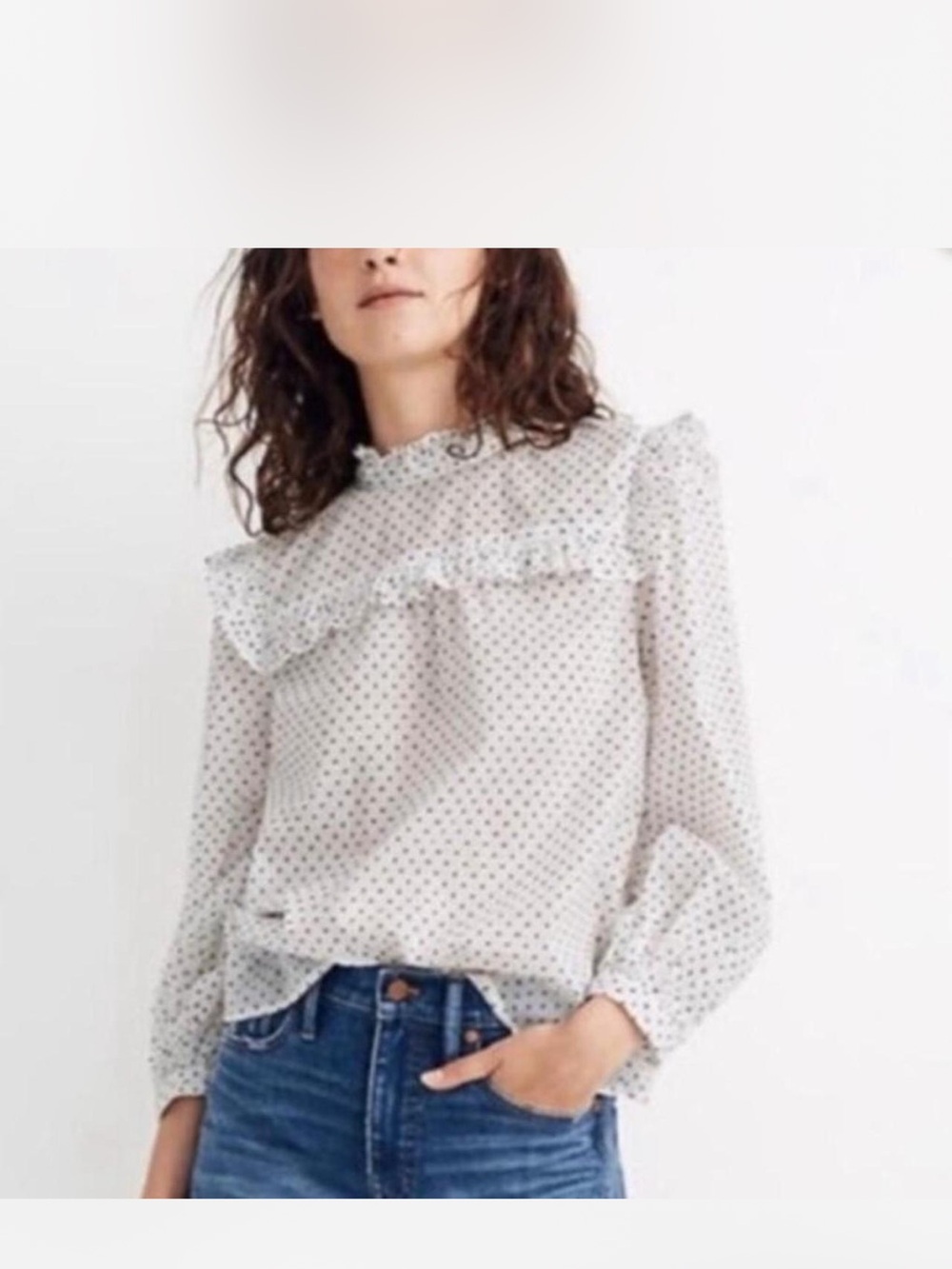 Madewell Women’s White Polka Dot Ruffle Long-Sleeve Blouse